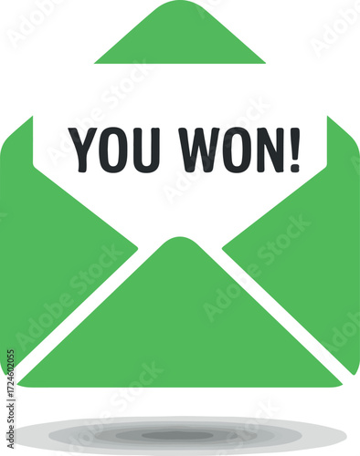 Green envelope with a white paper that says you won congratulations.