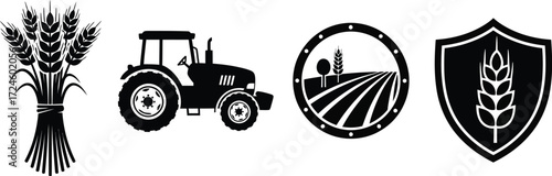 Agriculture icons featuring wheat bundle tractor farm field and shield emblem representing farming and agricultural industry on white background