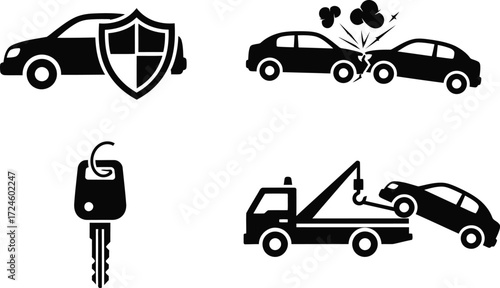 Car insurance and accident icons depicting vehicle protection collision key and towing services in a simple black and white vector illustration