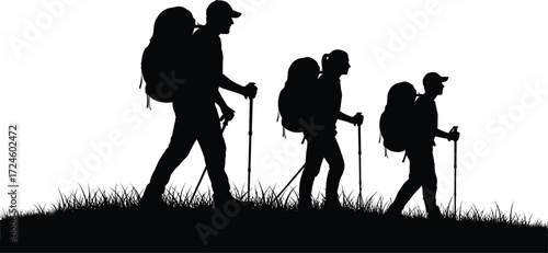 Silhouette of hikers with backpacks and trekking poles walking on a grassy hill against a white background in an outdoor adventure scene