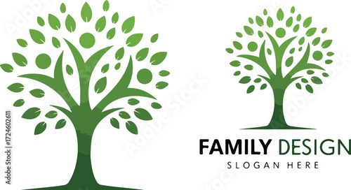 Green tree family design logo representing growth and connection with leaves.