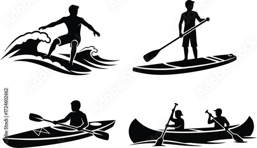 Black silhouette illustrations of water sports activities including surfing paddleboarding kayaking and canoeing on a white background for summer fun