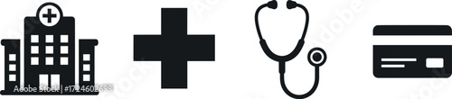 Healthcare payment options featuring hospital medical cross stethoscope and credit card icons representing medical services and financial transactions