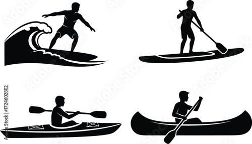 Black silhouettes showcasing various water sports activities including surfing paddleboarding kayaking and canoeing on a clean white background