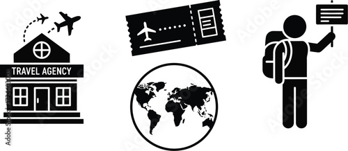 Travel agency icons depicting tourism including a building airplane ticket world map and a traveler with a backpack and sign for transportation needs