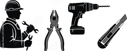 Construction worker with tools, wrench, drill, knife and pliers icons