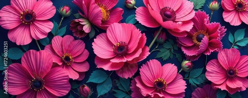 Vibrant fuchsia floral pattern, perfect for textile design, wallpaper, and surface decoration The bold blossoms and intricate details offer a luxurious and eye-catching design , design, leaves