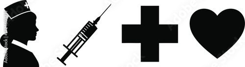 Healthcare worker, syringe, plus sign, and heart icon for health topics