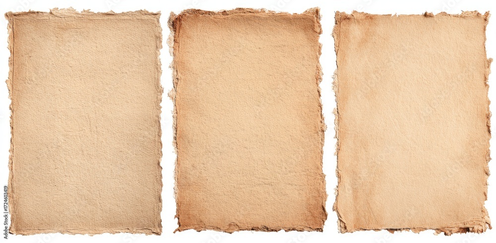 Fototapeta premium Three antique-toned paper sheets, torn at the edges, displayed on a white background