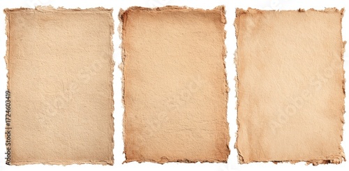 Three antique-toned paper sheets, torn at the edges, displayed on a white background