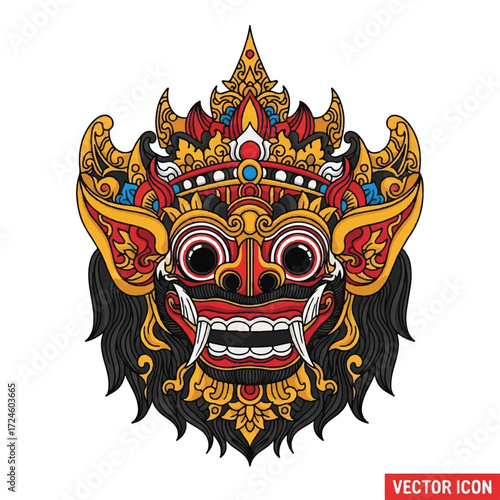 Vibrant illustration of a Balinese mask with intricate designs, sharp teeth, and bold colors on a white background.