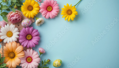 Beautiful Colorful Spring Flowers on Pastel Blue Background, Fresh Floral Arrangement with Daisy, Gerbera, and Garden Blossoms, Perfect for Nature, Decoration, and Background Design.