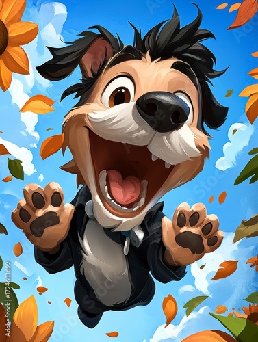 Joyful Dog Soaring Through Autumn Sky.