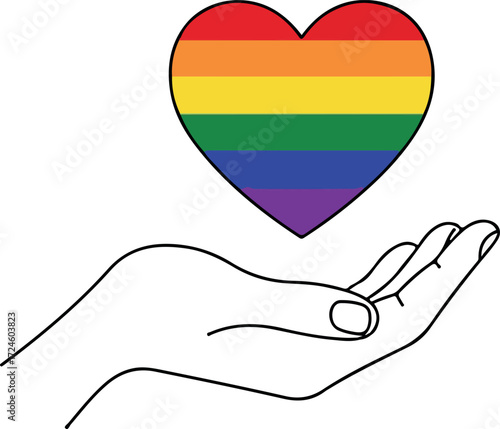 Hand holding a rainbow heart symbolizing love and support for LGBTQ community.