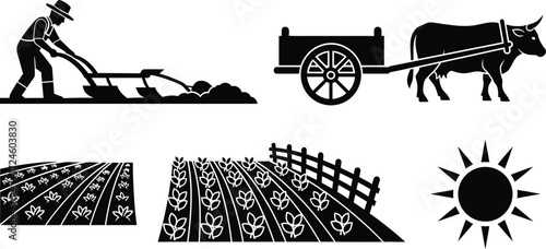 Farmer plows field with oxen cart, cultivated crops, and sun icon