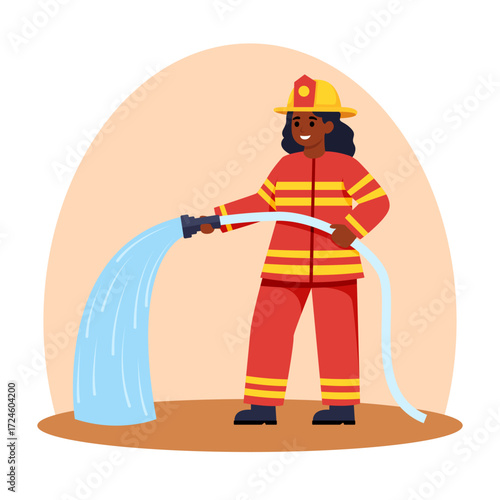 Brave African American woman firefighter character in red protective gear with a water hose. Flat cartoon illustration of an emergency responder