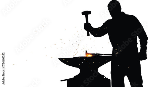 Blacksmith hammers glowing metal on anvil creating sparks, silhouette