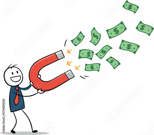 Happy businessman attracting money with a giant magnet for success.