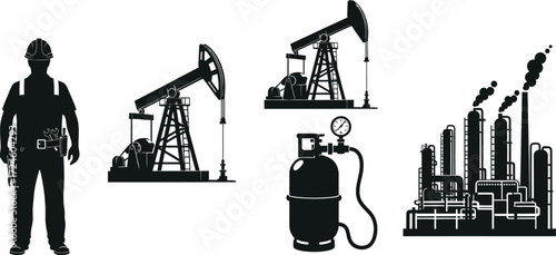 Industry icons show worker, pumpjacks, gas tank, and refinery