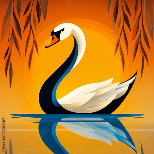 Elegant Swan at Sunset Reflection.