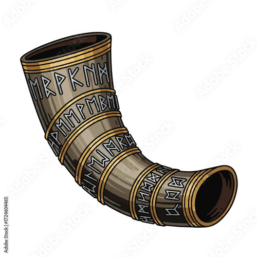 Illustration of an ornate, curved horn with intricate patterns and runic inscriptions on a white background.