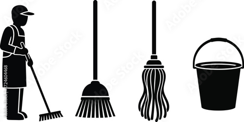 Professional cleaner with broom, mop, and bucket icon set