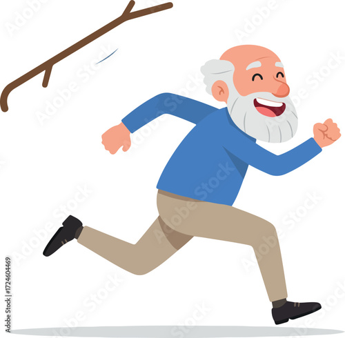 Happy elderly man running with a stick enjoying outdoor activity and exercise.