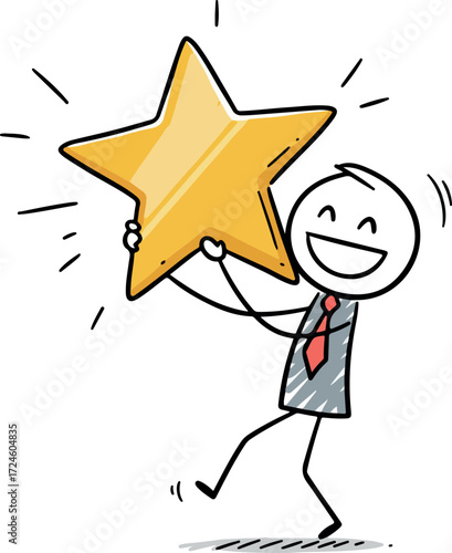 Happy person holding a golden star celebrating success and achievement.