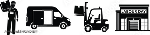 Logistics icons worker, van, forklift, and Labour Day store