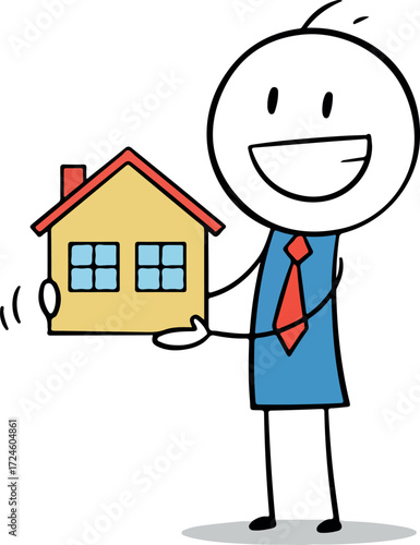 Happy person holding a house representing real estate and home ownership.
