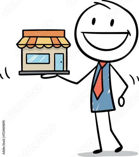 Happy person holding a small shop building business concept.