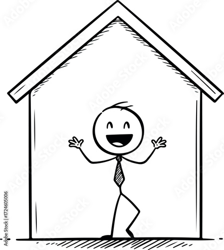 Happy stick figure inside a house with open arms and a tie.