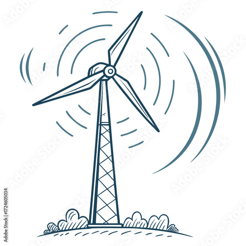 A hand drawn sketch of a wind turbine with spinning blades and radiating wind lines on a white background
