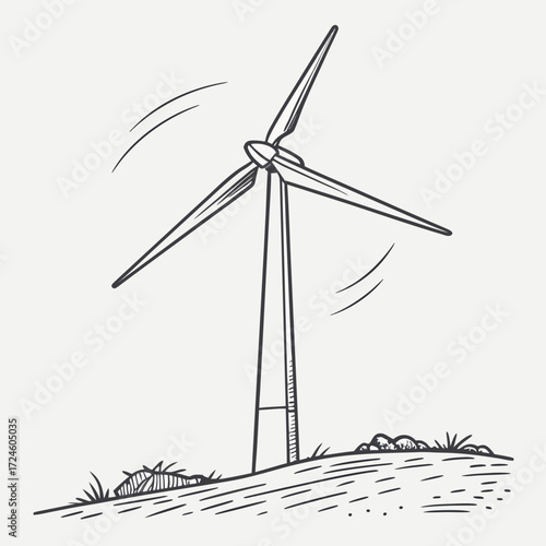 A hand drawn sketch of a single wind turbine with three blades rotating on a grassy hill with a light background