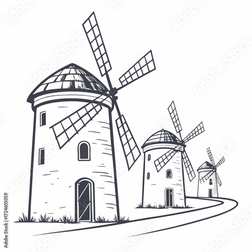 A row of traditional windmills with rotating blades stand on a grassy hill along a winding path