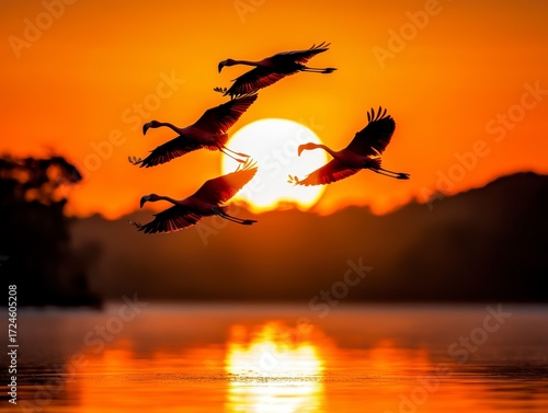 Flamingos in Flight at Sunset