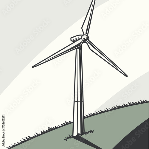 Modern wind turbine with three blades stands tall on a grassy hill against a soft gradient sky background