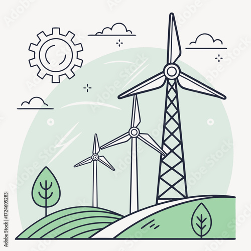 Modern wind turbines generating clean renewable energy in a green landscape with clouds and a gear symbol
