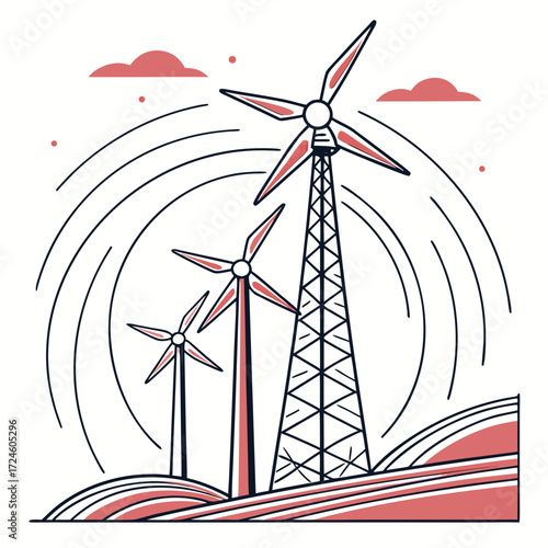 Modern wind turbines generating clean renewable energy on rolling hills with stylized clouds and radiating energy waves