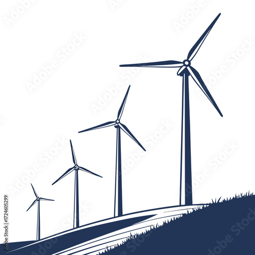 Row of wind turbines silhouetted against a white background on a grassy hill representing renewable energy generation