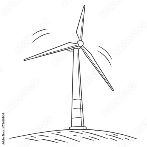 Simple line drawing of a single wind turbine standing on a grassy hill with blades spinning in the wind