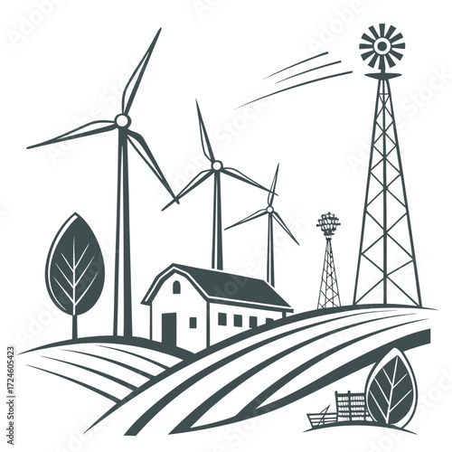 Stylized illustration of a farm landscape with wind turbines and traditional windmills generating clean energy