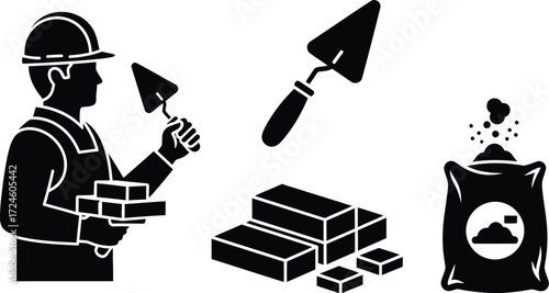 Construction worker building with bricks, trowel, and cement bag