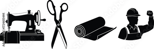 Sewing tools and construction worker icons for industry and labor themes