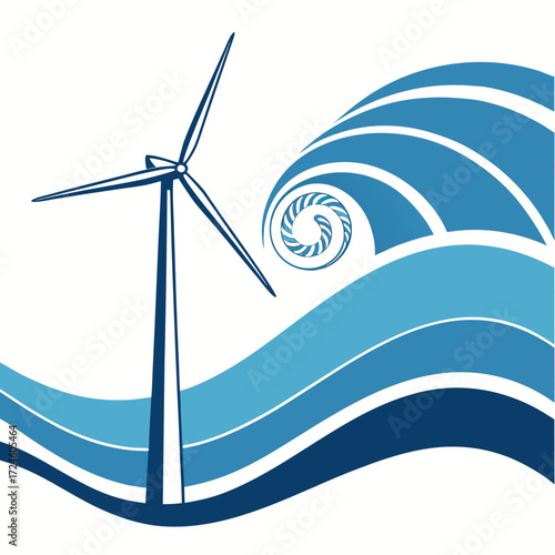 Stylized depiction of a wind turbine generating clean energy amidst abstract blue waves and a swirling vortex