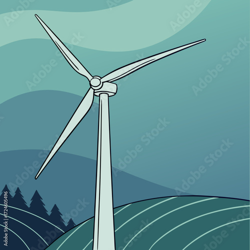 Stylized illustration of a lone wind turbine standing tall on rolling hills with stylized trees in the background under a serene sky
