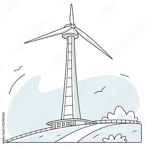 Stylized illustration of a wind turbine generating clean energy on a hill with birds flying in the sky