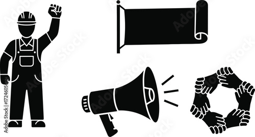 Worker rallies for rights with megaphone, banner, and unity symbols