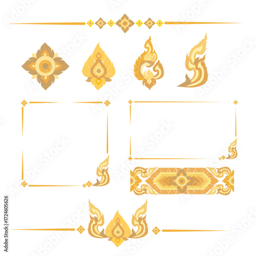 set of golden Thai art elements and frames for decoration