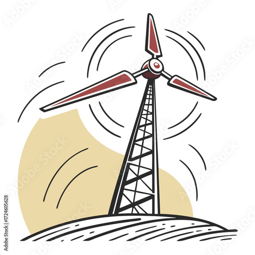 Stylized illustration of a wind turbine generating clean renewable energy on a sunny day with a hint of wind